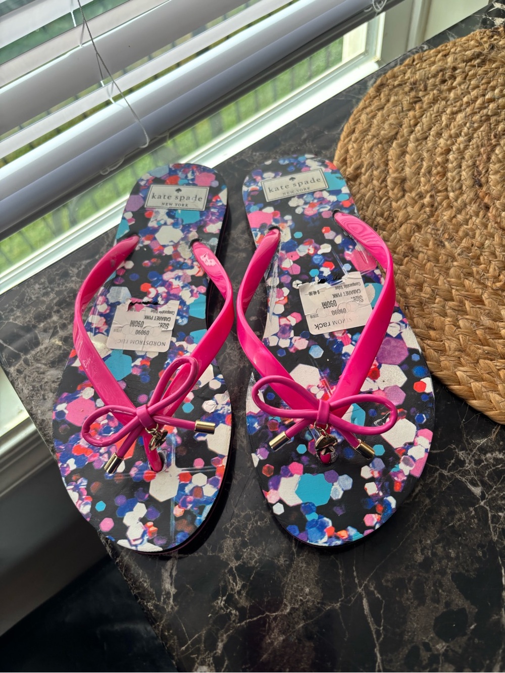 kate spade Multicolor Confetti Flip Flop Sandals with Hot Pink Straps